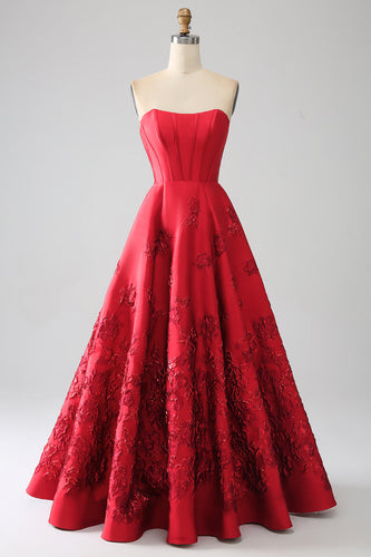 Elegant Princess A-Line Strapless Dark Red Long Formal Dress with 3D Flowers