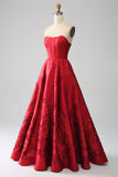 Elegant Princess A-Line Strapless Dark Red Long Formal Dress with 3D Flowers