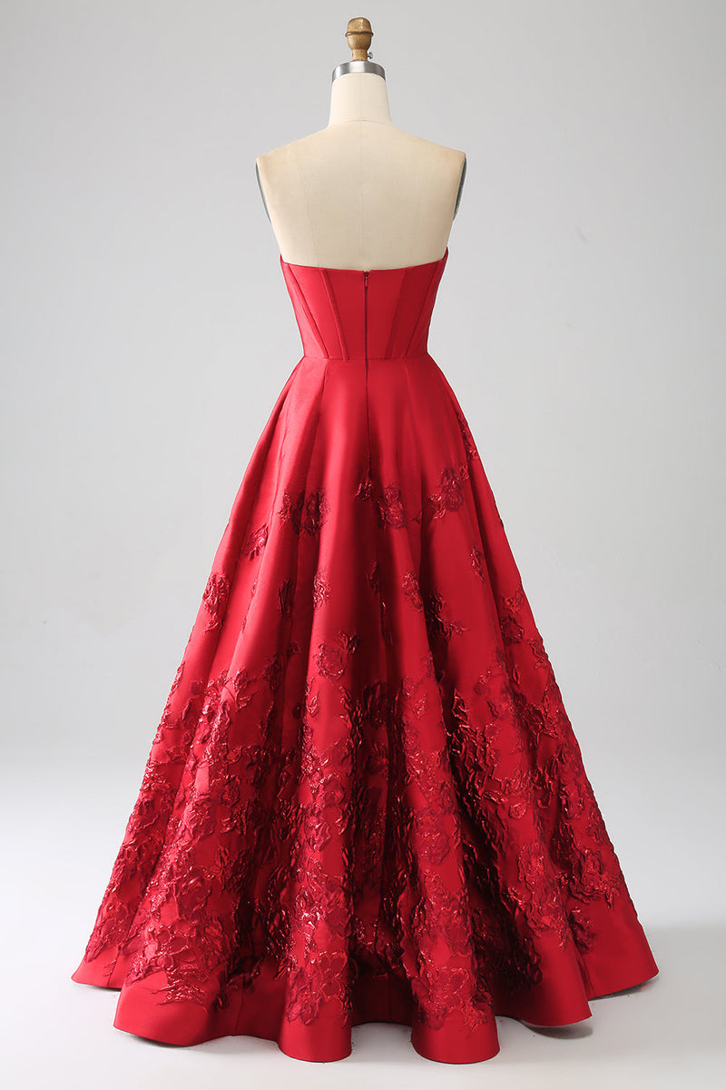 Load image into Gallery viewer, Elegant Princess A-Line Strapless Dark Red Long Formal Dress with 3D Flowers
