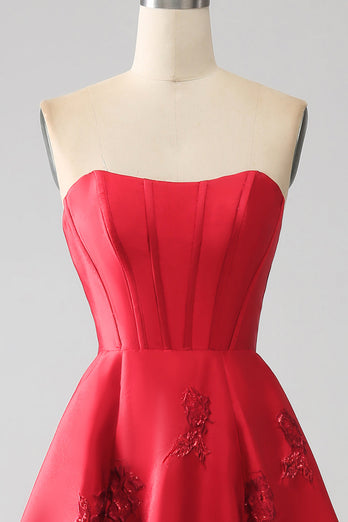 Elegant Princess A-Line Strapless Dark Red Long Formal Dress with 3D Flowers