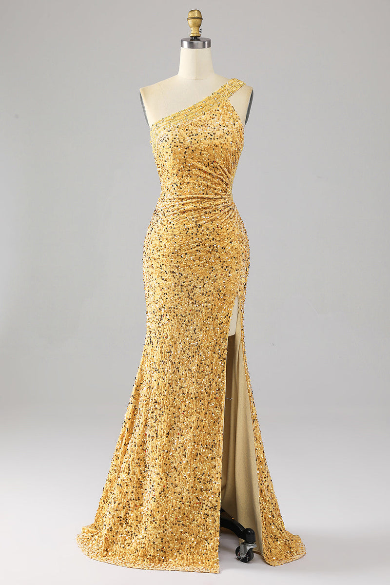Load image into Gallery viewer, Mermaid Sequins One Shoulder Golden Formal Dress with Slit
