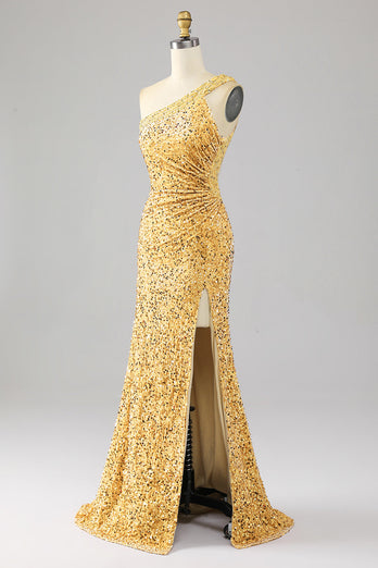 Mermaid Sequins One Shoulder Golden Formal Dress with Slit