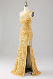 Mermaid Sequins One Shoulder Golden Formal Dress with Slit