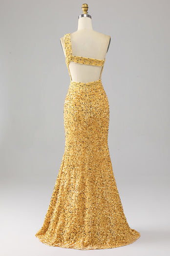 Mermaid Sequins One Shoulder Golden Formal Dress with Slit
