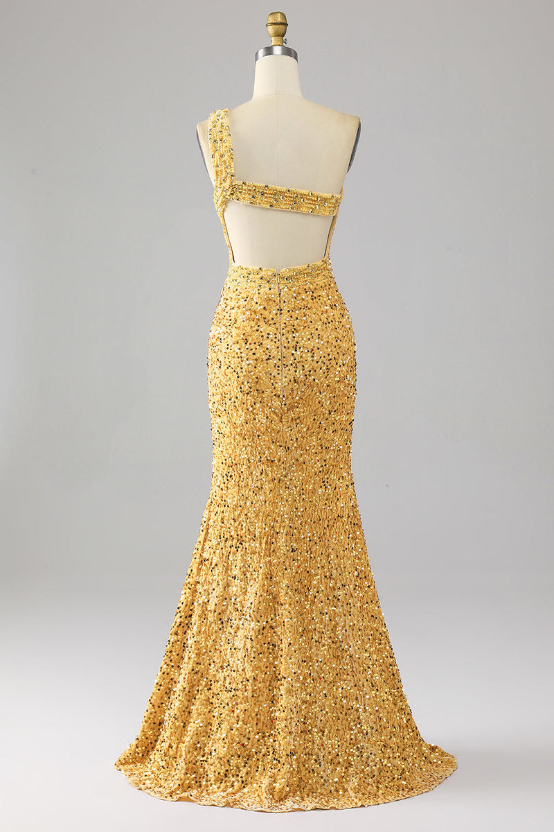 Load image into Gallery viewer, Mermaid Sequins One Shoulder Golden Formal Dress with Slit