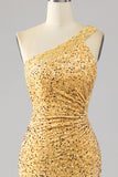 Mermaid Sequins One Shoulder Golden Formal Dress with Slit