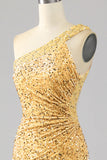 Mermaid Sequins One Shoulder Golden Formal Dress with Slit