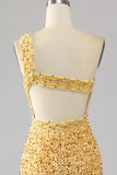 Mermaid Sequins One Shoulder Golden Formal Dress with Slit