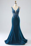 Glitter Dark Blue Mermaid Formal Dress with Beading