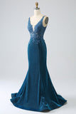 Glitter Dark Blue Mermaid Formal Dress with Beading