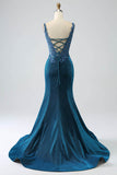 Glitter Dark Blue Mermaid Formal Dress with Beading