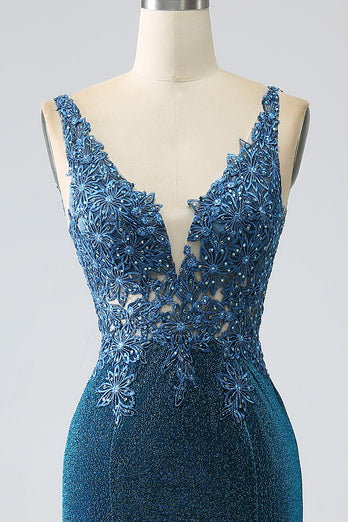Glitter Dark Blue Mermaid Formal Dress with Beading