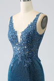 Glitter Dark Blue Mermaid Formal Dress with Beading
