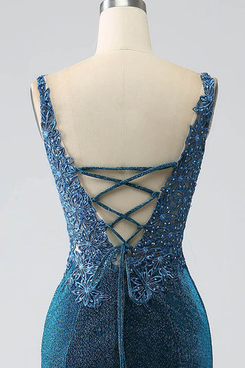 Glitter Dark Blue Mermaid Formal Dress with Beading