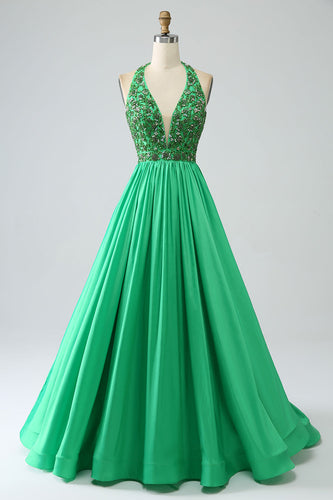 Satin Green Halter Formal Dress with Beading