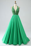 Satin Green Halter Formal Dress with Beading