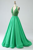 Satin Green Halter Formal Dress with Beading