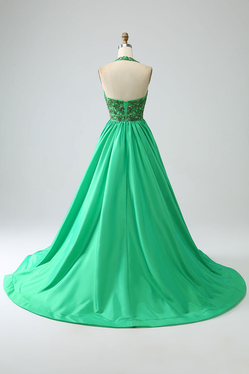 Load image into Gallery viewer, Satin Green Halter Formal Dress with Beading