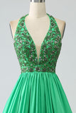 Satin Green Halter Formal Dress with Beading