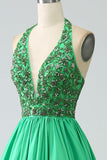 Satin Green Halter Formal Dress with Beading