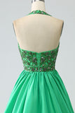 Satin Green Halter Formal Dress with Beading