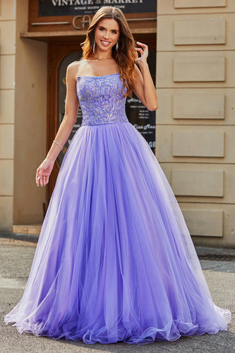 Stunning A Line Strapless Lilac Long Formal Dress with Beading