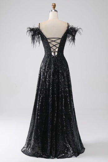 A-Line Cold Shoulder Sequins Long Formal Dress with Slit
