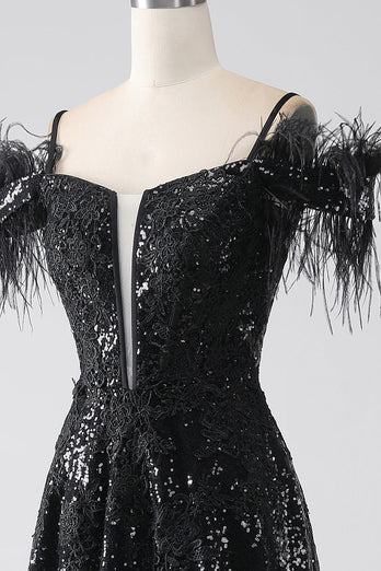A-Line Cold Shoulder Sequins Long Formal Dress with Slit