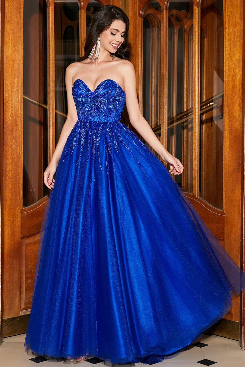 Load image into Gallery viewer, Royal Blue A-Line Sweetheart Long Beaded Formal Dress with Accessory