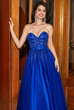 Royal Blue A-Line Sweetheart Long Beaded Formal Dress with Accessory