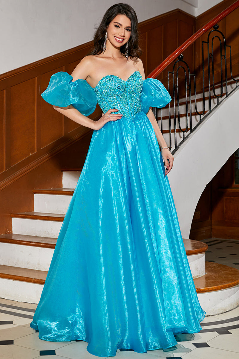 Load image into Gallery viewer, Blue A-Line Off The Shoulder Corset Beaded Formal Dress with Accessory