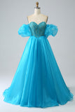 Blue Beaded Corset Formal Dress with Detachable Sleeves