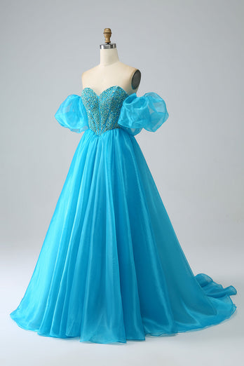 Blue Beaded Corset Formal Dress with Detachable Sleeves