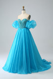 Blue Beaded Corset Formal Dress with Detachable Sleeves