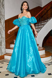 Blue A-Line Off The Shoulder Corset Beaded Formal Dress with Accessory