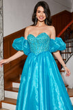 Blue A-Line Off The Shoulder Corset Beaded Formal Dress with Accessory