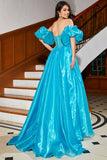 Blue A-Line Off The Shoulder Corset Beaded Formal Dress with Accessory