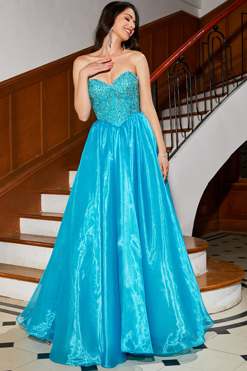 Load image into Gallery viewer, Blue A-Line Off The Shoulder Corset Beaded Formal Dress with Accessory