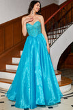 Blue A-Line Off The Shoulder Corset Beaded Formal Dress with Accessory