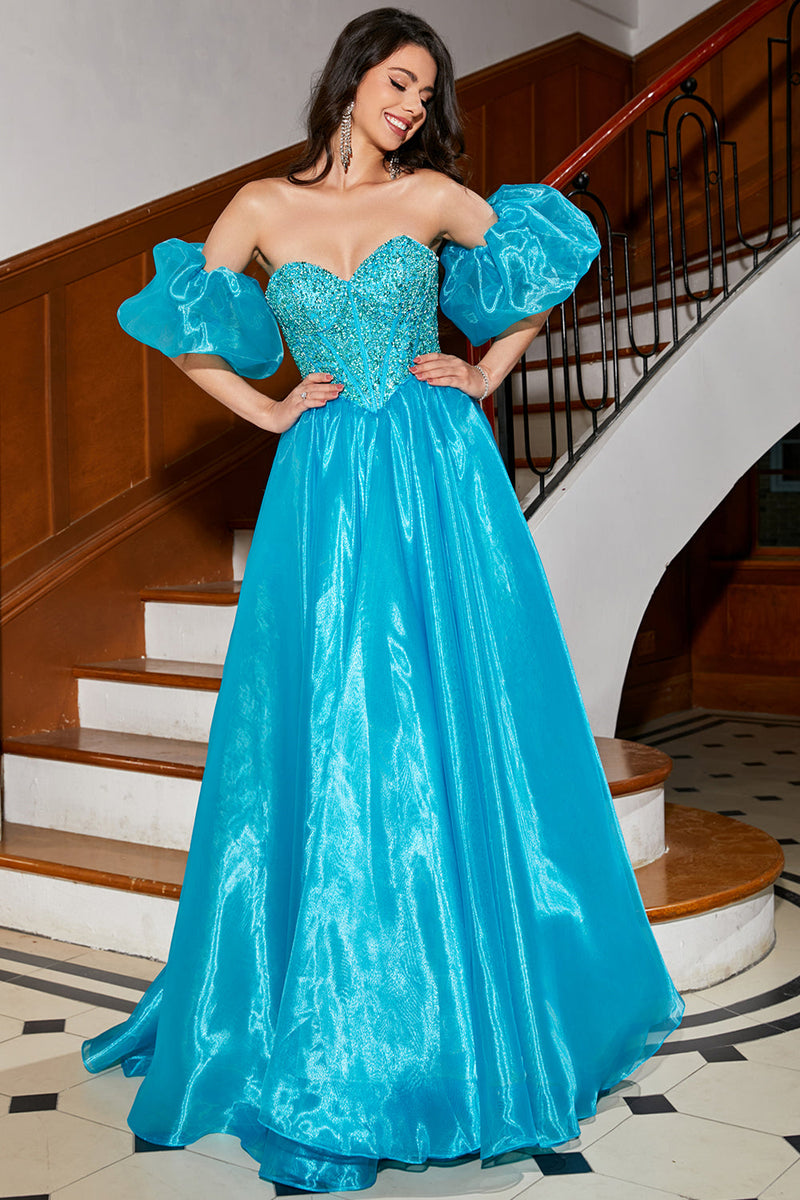 Load image into Gallery viewer, A-Line Blue Corset Formal Dress with Beading