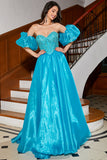 A-Line Blue Corset Formal Dress with Beading