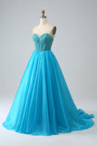 Blue Beaded Corset Formal Dress with Detachable Sleeves