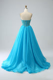 Blue Beaded Corset Formal Dress with Detachable Sleeves