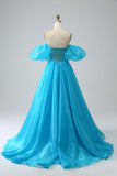 Blue Beaded Corset Formal Dress with Detachable Sleeves