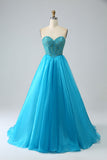 Blue Beaded Corset Formal Dress with Detachable Sleeves