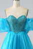 Load image into Gallery viewer, Blue Beaded Corset Formal Dress with Detachable Sleeves