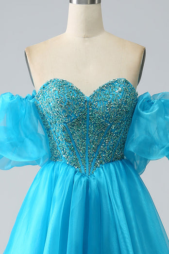 Blue Beaded Corset Formal Dress with Detachable Sleeves