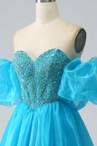 Blue Beaded Corset Formal Dress with Detachable Sleeves