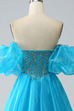 Blue Beaded Corset Formal Dress with Detachable Sleeves