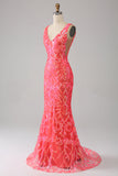 Orange Charming Mermaid Deep V Neck Sparkly Sequin Formal Dress with Embroidery